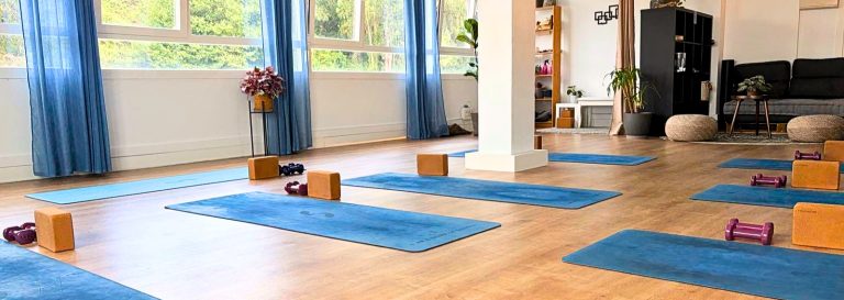 Sala de yoga luminosa en Berango, cerca de Getxo y Algorta, con esterillas azules, bloques de corcho y mancuernas junto a una gran planta y ventanales