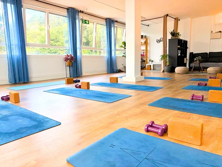 Sala del estudio con esterillas y mancuernas para empezar a hacer ejercicio en Berango